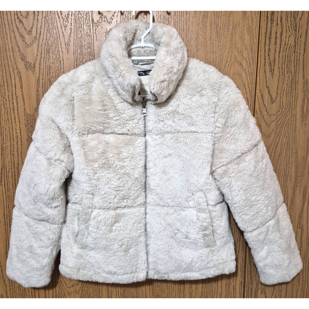 Madden Girl Oatmeal Cozy Plush Faux Fur Zip Up Winter Jacket Pockets XS NEW